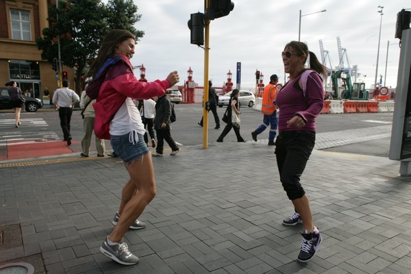 Mills Group Fitness Instructors Rachael Cohen (L) and Carla Fitzsimons (R) unleash their moves on Queen Street